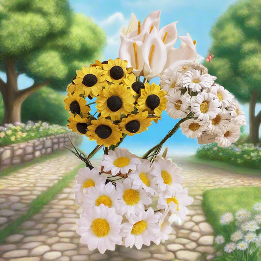 fiori bomboniere fai da te fiorellini di girasole mazzolino bouquet calle margherite di carta e stoffa uso hobbistica creativa composizioni pasquali confezionamento packaging regali chiudipacco segnaposto matrimonio comunione