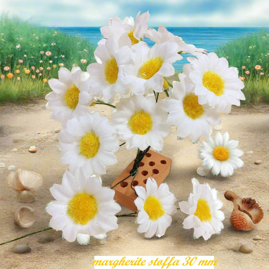 fiori bomboniere fai da te fiorellini di margherite stoffa tessuto bianche gialle uso decorazioni floreali composizioni packaging Prima Comunione matrimonio Battesimo compleanno chiudipacco regalo segnaposto