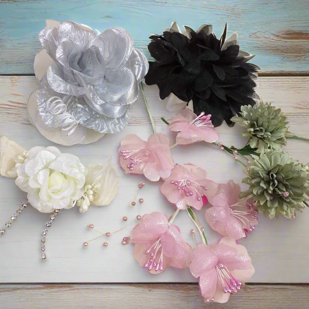 primule rosa rosa bianca verdi salvia fiori di stoffa e tulle organza applicazioni per vestiti bottoniera abiti cappelli borse mare accessori da cucire applicare moda bigiotteria abbigliamento da spiaggia estate