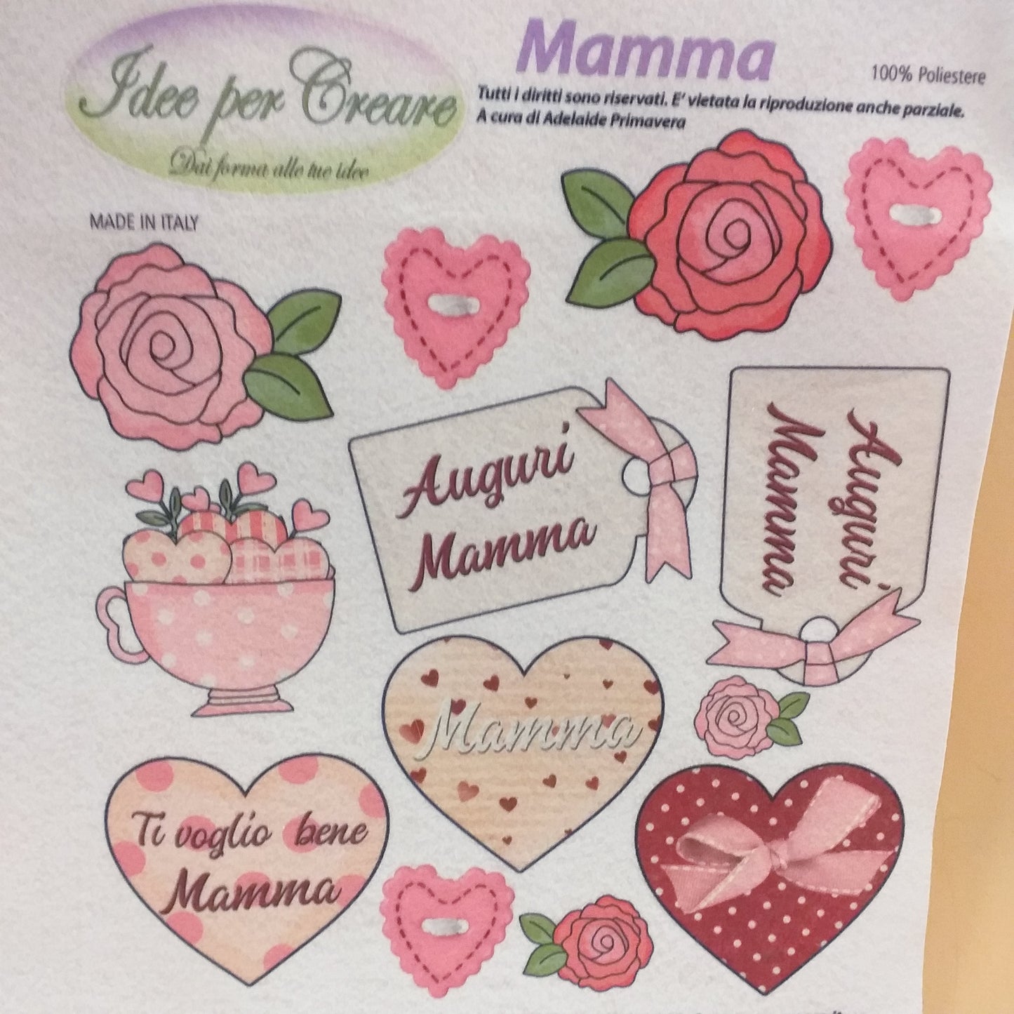 100% poliestere, tazza di dolci cuoricini tag scritta auguri rose grandi fiori cuoricino pois cuore medio rosa pastello pannello idee per creare pannolenci stampato per addobbi decorazioni chiudipacco vetrinistica gadget souvenir ricordini festa della mamma