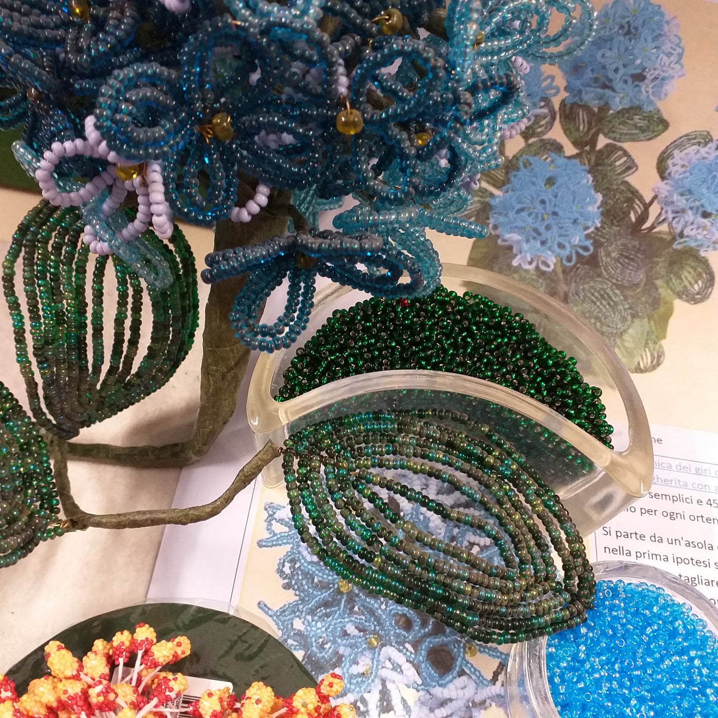 foglia di perle e tonalità blu azzurro perline di vetro rocailles di conteria lavanda per ortensia fiori veneziani kit spiegazioni istruzioni