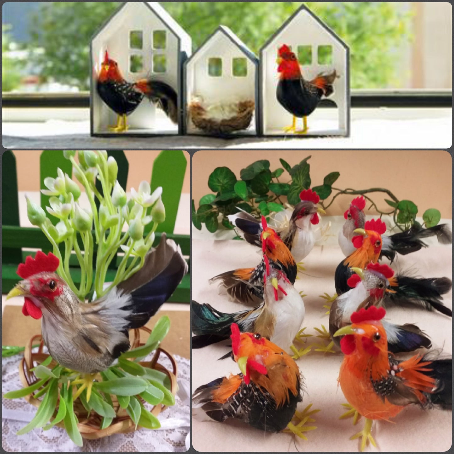 gallo gallina piume ciniglia statuette gallinacei miniature 8 cm allestimento pollaio decorazioni pasquali addobbi primaverili fai da te vetrine packaging chiudipacco uova sorpresa