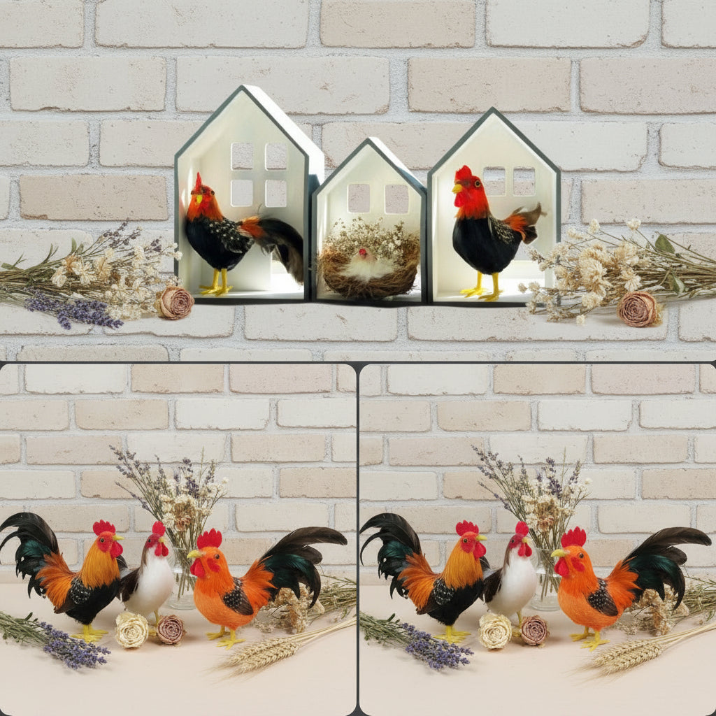 gallo gallina piume ciniglia statuette gallinacei miniature 8 cm allestimento pollaio decorazioni pasquali addobbi primaverili fai da te vetrine packaging chiudipacco uova sorpresa
