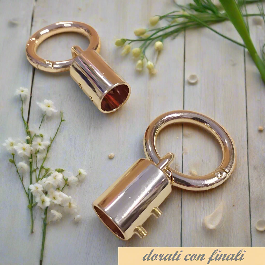 colore oro dorato minuterie moschettoni chiusure anello e connettore attacco finale con viti ad uso accessori borse artigianali fai da te per manici e nappine decorative