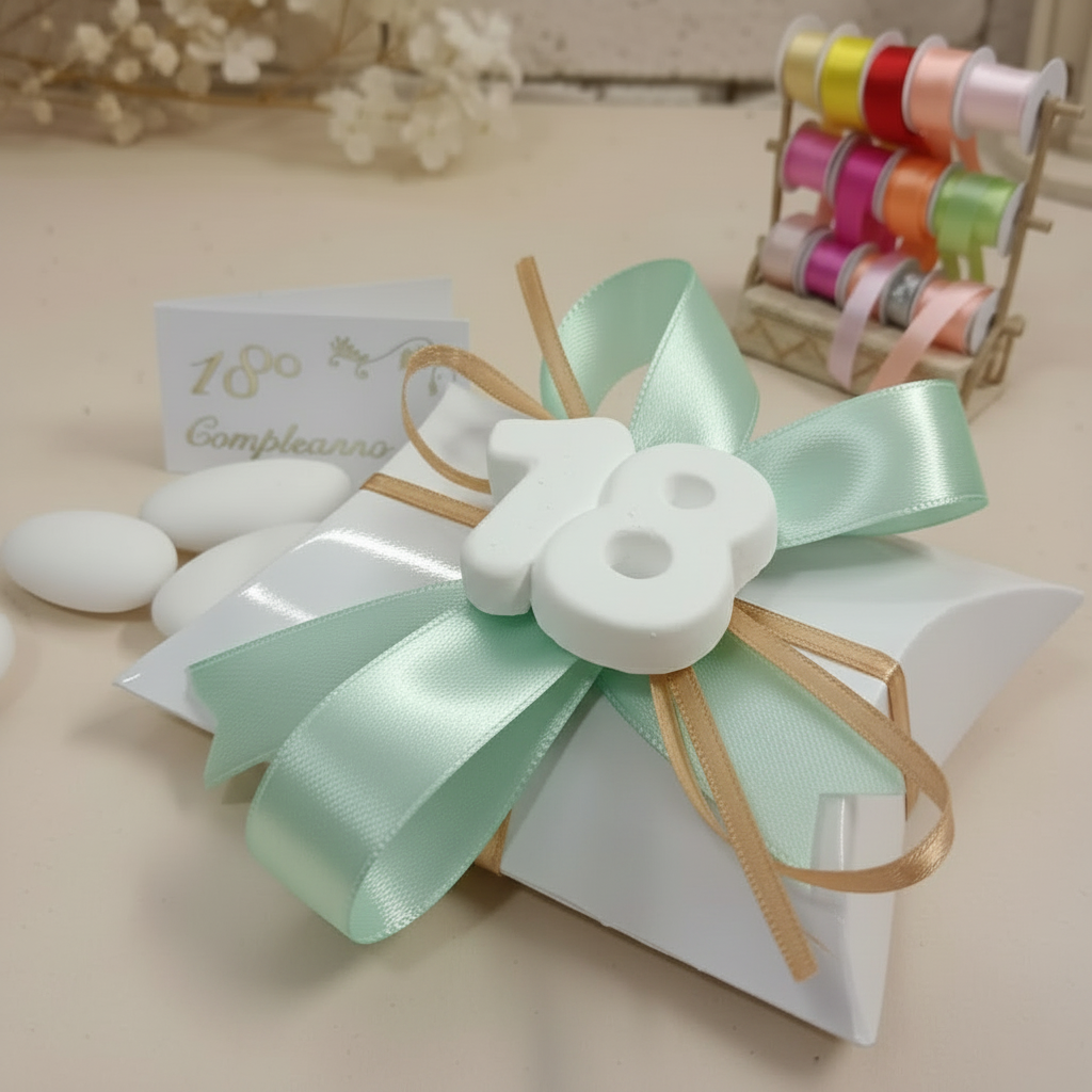 confettata e colori per 18 anni diciottesimo compleanno bigliettino bianco oro 3 confetti bustina economica originale confezionata gessetto fiocco coccarda verde chiaro oro