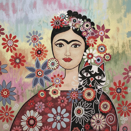 ritratto donna fiori e gatto pannello tessuto gobelin stilizzato pittura fiamminga naif uso cuscino borsa quadro