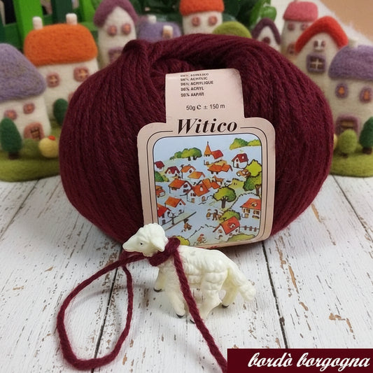 bordò borgogna Witico gomitolo 50 grammi circa 150 metri Silke Arvier made in Italy filato italiano misto lana acrilico sintetico vetrina colori autunnali inverno 2024 2025 uso scaldacollo sciarpe maglioni cappotti gilet copertine stole cappelli berretti cuffie guanti