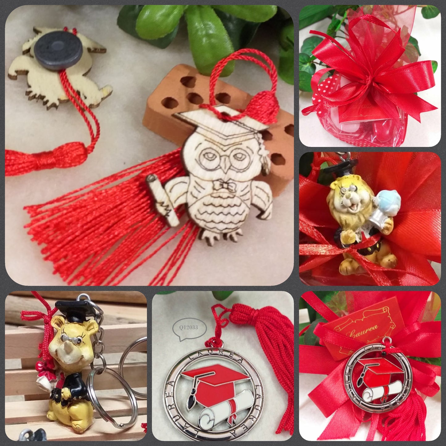 gufo laurea bomboniera legno eco green magnete calamita confezione confetti portachiavi leoncino dotto laureato ciondolo simboli tocco pergamena scritta
