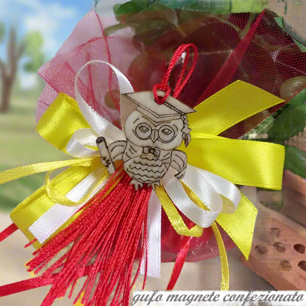 magnete calamita gufo laurea legno bomboniere eco-green nappina rossa oggetti confezione sacchettino rosso giallo confetti packaging specialistica magistrale