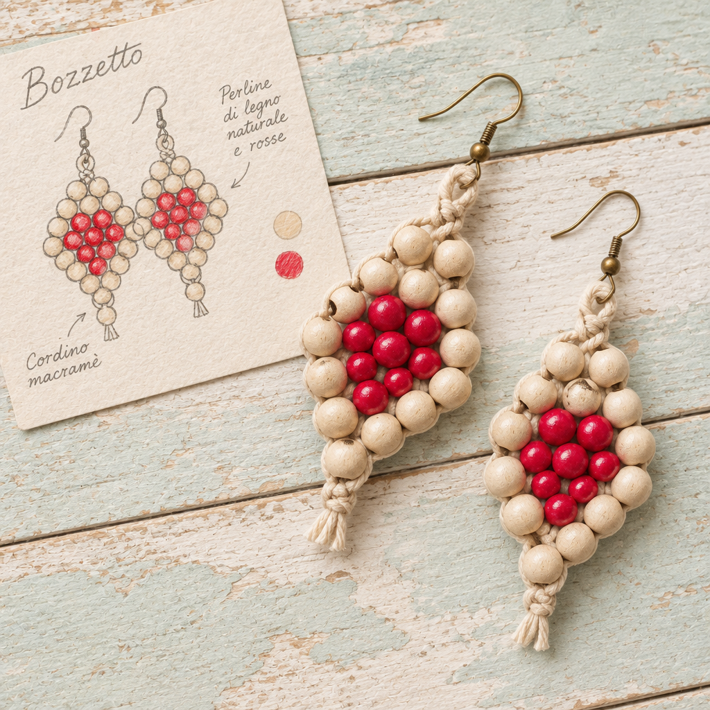 bozzetto orecchini con perline di legno naturali e rosse, intreccio macramè di cordino