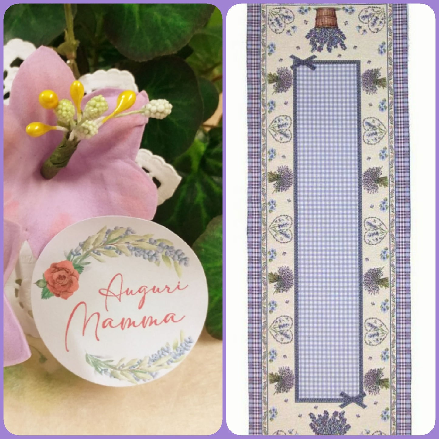 composizione fiori e tessuto lavanda azzurro lilla scozzese stoffa tinta unita idea regalo festa della mamma runner tavola cucina