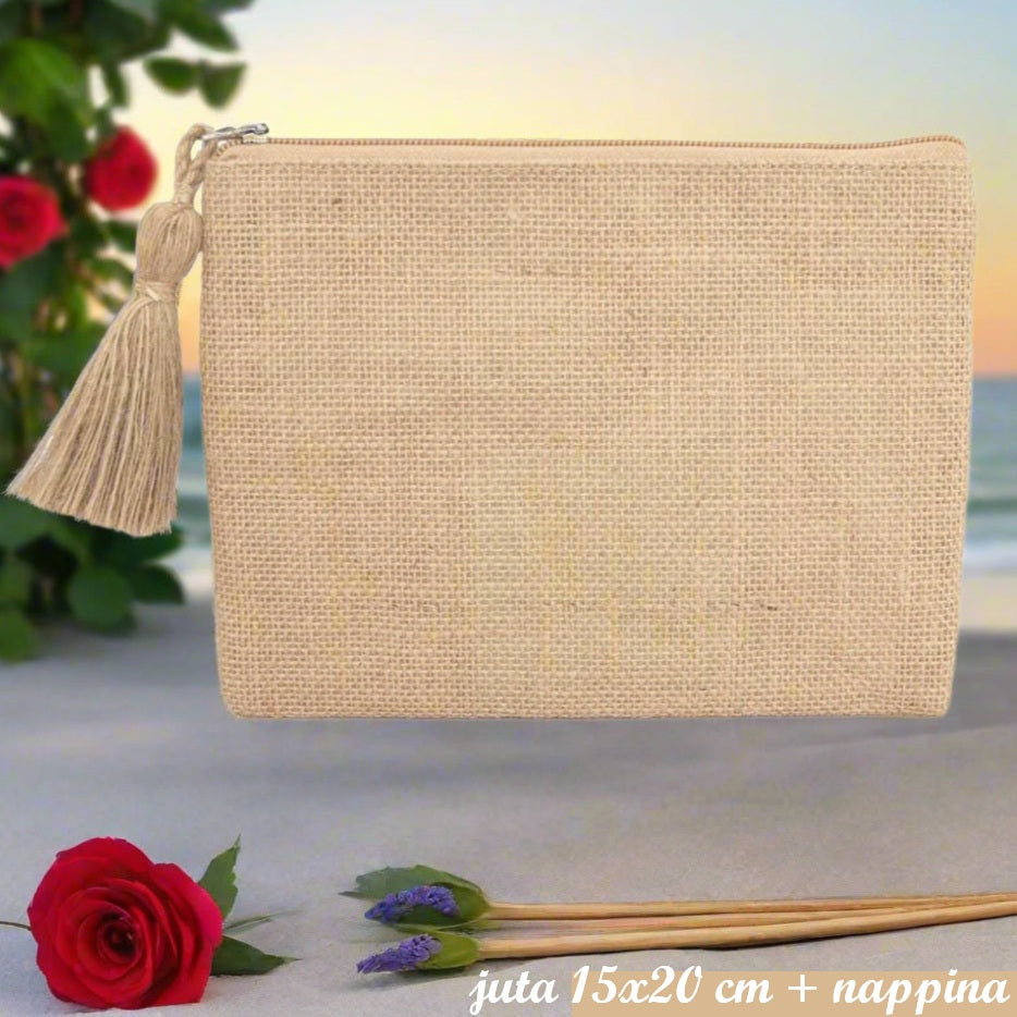 bustina sacchetto con cerniera e nappina, jute pouch pochette juta per borsa uncinetto da rivestire con filato cotone granny mattonelle o personalizzare scritte ricamo stampato applicazioni tessuto stoffa termoadesive strass paillettes lustrini passamaneria