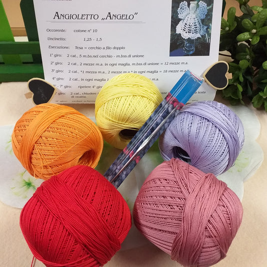 n.59 angioletto angelo kit schemi uncinetto 1.5 filato cotone rosso arancio cremino lilla glicine lavanda rosa antico uso idea regalo da appendere albero pasquale bomboniere e natale fai da te decorazioni addobbi