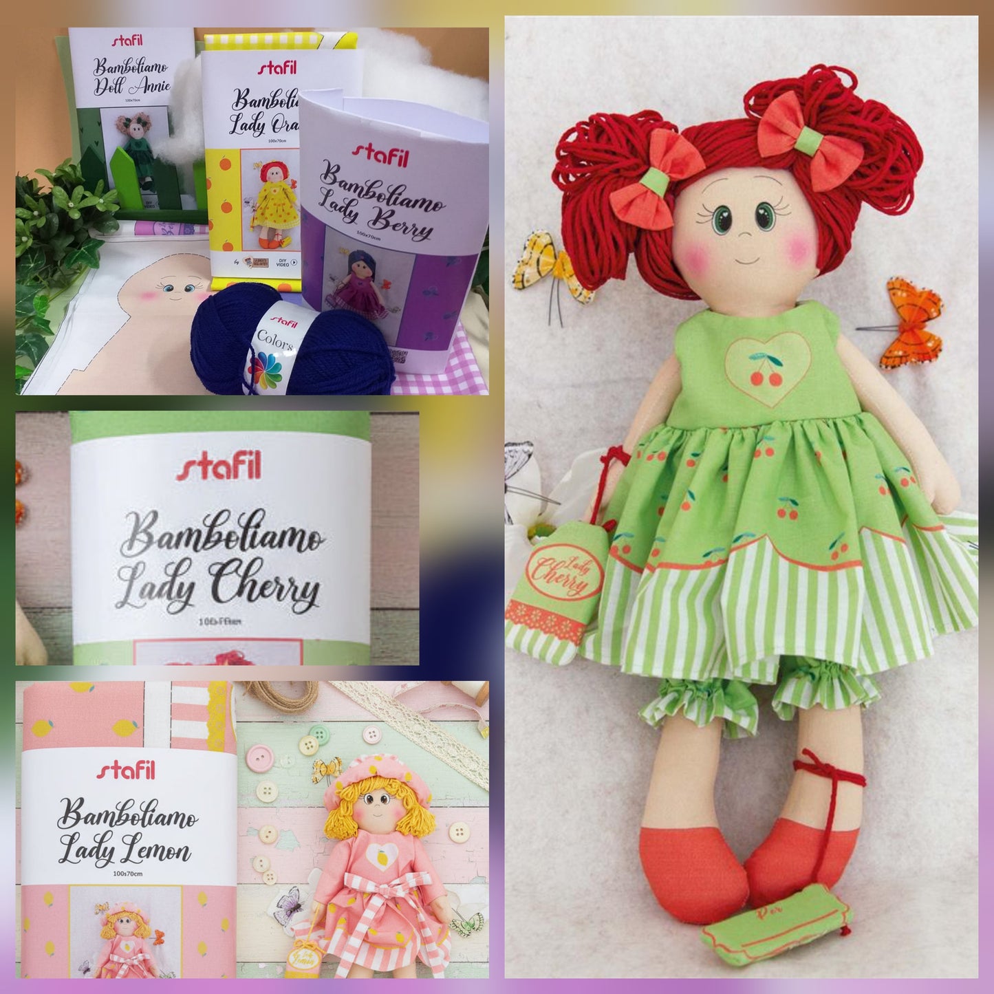 verde giallo lilla rosa Cherry Lemon Annie Orange Berry pannello Bamboliamo Doll Stafil Natale tessuto cartamodelli stampati disegnati corpo braccia gambe per bambole di stoffa pezza cucito creativo pigotta con tessuto cotonina