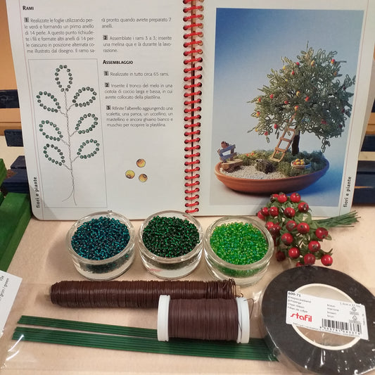 manuale perline e microperline i praticissimi Stafil-Demetra fiori e piante kit fai da te creare albero bonsai pianta melo conteria rocailles meline fili marroni steli guttaperca