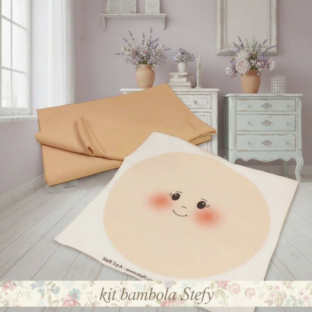 kit per creare pigottina bambolina pannello maglina cotone viso tessuto stampato dipinto colorato bambola di pezza stoffa e visetto disegnato faccina occhioni ovali espressivi