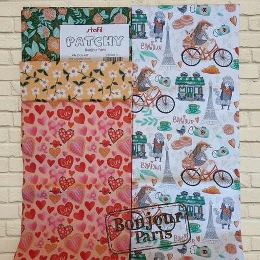 Stafil patchy flowers kit pretagliati tessuti cuori fiorellini e bonjour paris uso cucito creativo patchwork applique di stoffa