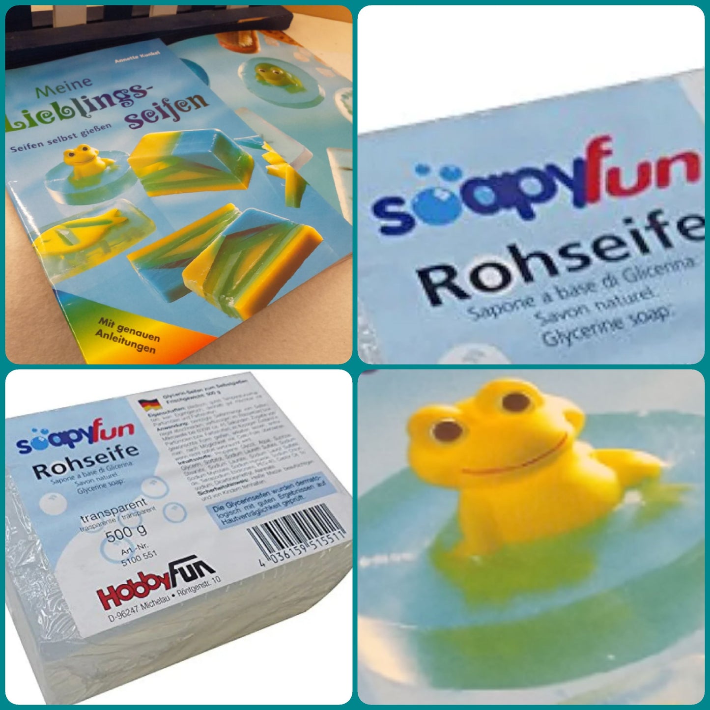 Meine LIeblings-seifen manuale per creare in casa fai da te sapone e saponette con base glicerina soapyfun Rohseife da 500 grammi trasparente di HobbyFun-Stafil