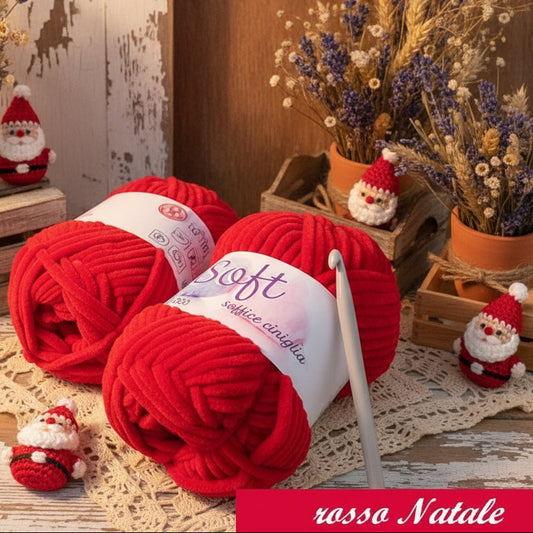 rosso Natale Cucirini Tre Stelle lavori a maglia velluto velvet ciniglia lana gomitolo 100 g filato uncinetto amigurumi cordino fettuccia crochet borse sciarpe cappelli berretti scaldacollo