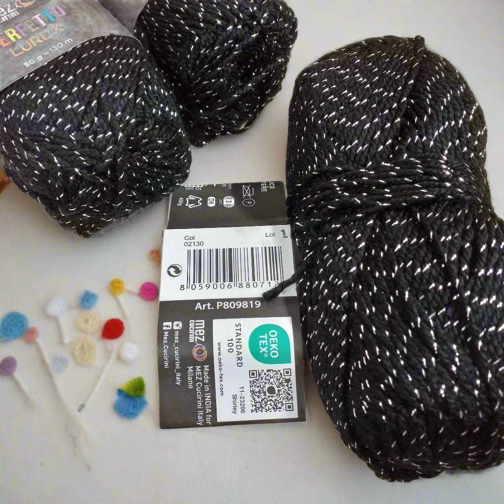 etichetta P809819 Mez cucirini Perfetto lurex filato lana lamè 50 g 130 metri nero uso filo uncinetto ferri da maglia per calza amigurumi berretti cappelli maglia maglione gilet cappotto copertine decorazioni natalizie