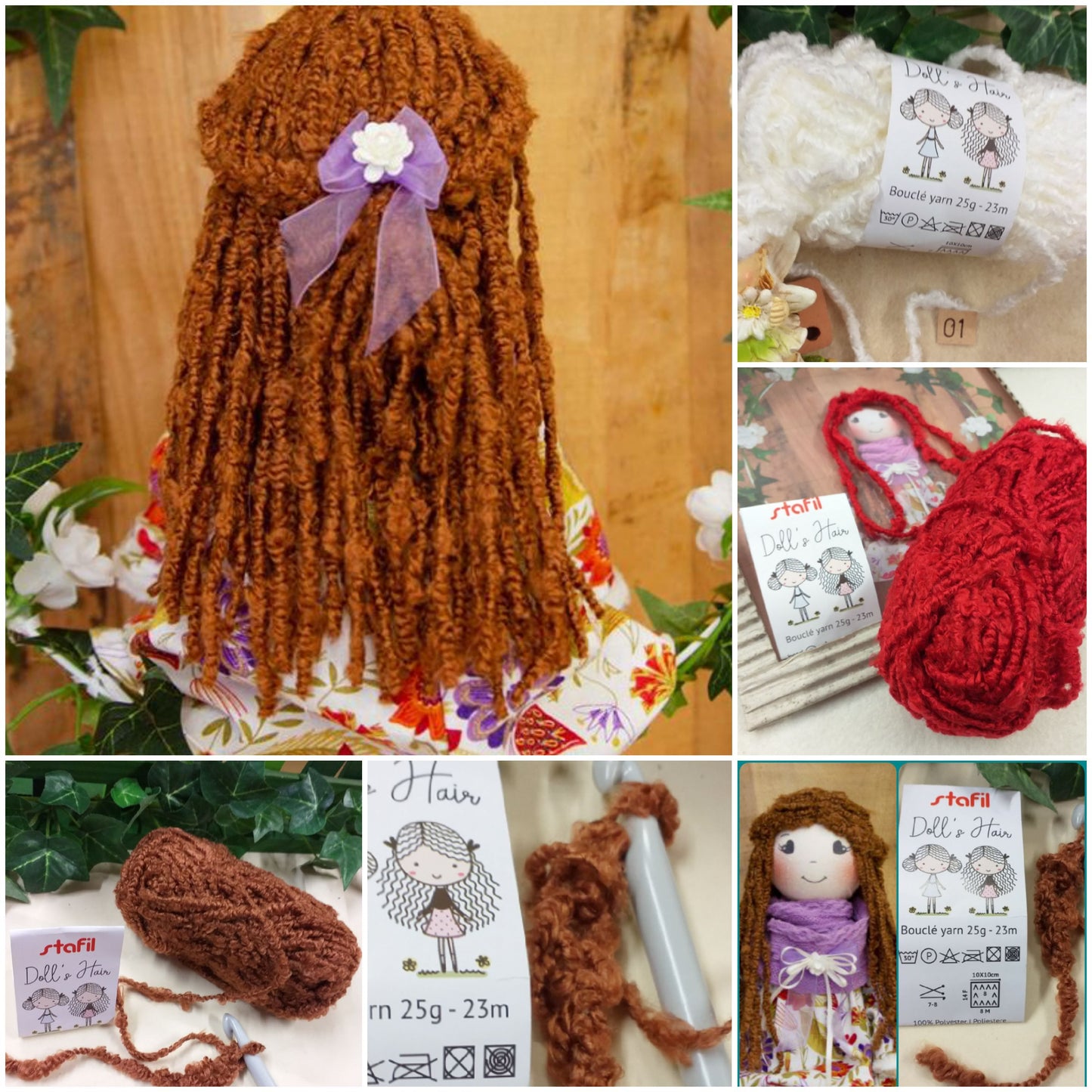 come creare parrucca bambola con lana bouclè filato boccoli ricciolino per capelli ricci pigottine di stoffa pezza tessuto Doll's Hair stafil ad uso uncinetto ferri da maglia borse shop online