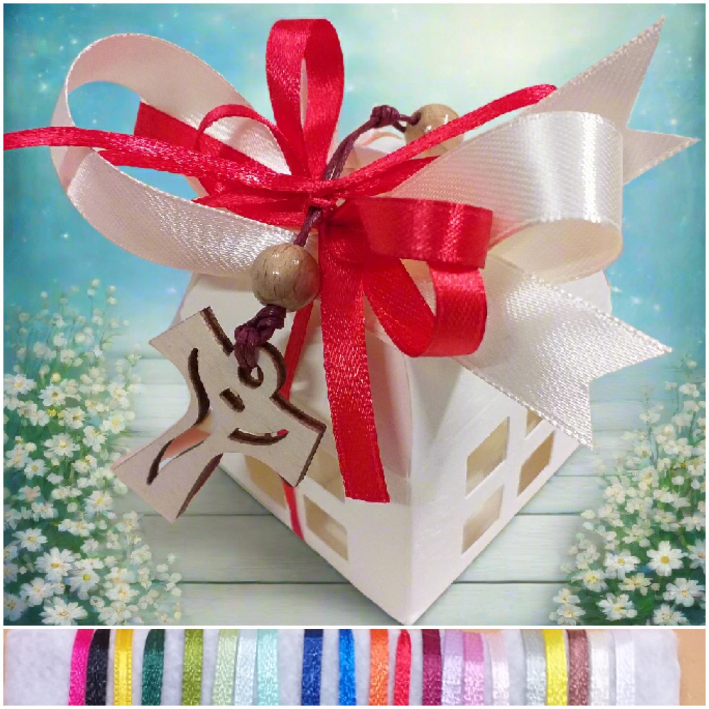 bianco rosso bomboniera artigianale religiosa sacra confezionata per Comunione Cresima portachiavi Croce legno Tau francescana cordino perline packaging confetti lanterna cartoncino scatolina bigliettino personalizzato Santo Giorno con simboli