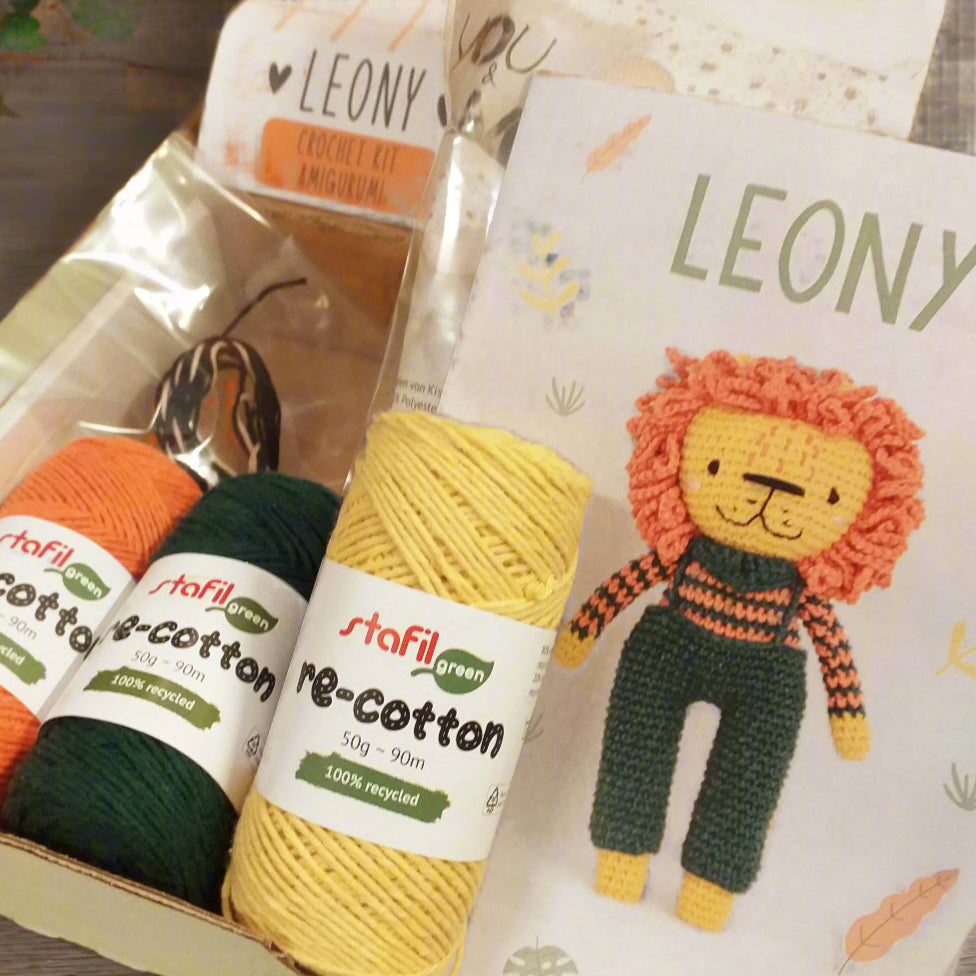 giallo arancione verde scuro re-cotton green stafil riciclato 50 g 90 metri cofanetto crochet kit leony amigurumi uncinetto bambola pupazzo leone