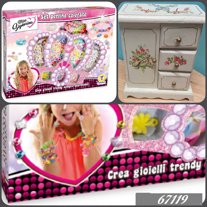 kit Miss signorina Teorema giochi scatola cofanetto legno lettere alfabeto perline colorate per braccialetti dell'amicizia gioielli bijoux di perle come orecchini collane ciondoli collanina cellulare idea bracciale scritta cordino con nodi