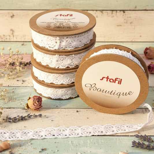 lotto di 5 rotoli di nastrino pizzo bianco stafil boutique per bomboniere fai da te e cucito creativo