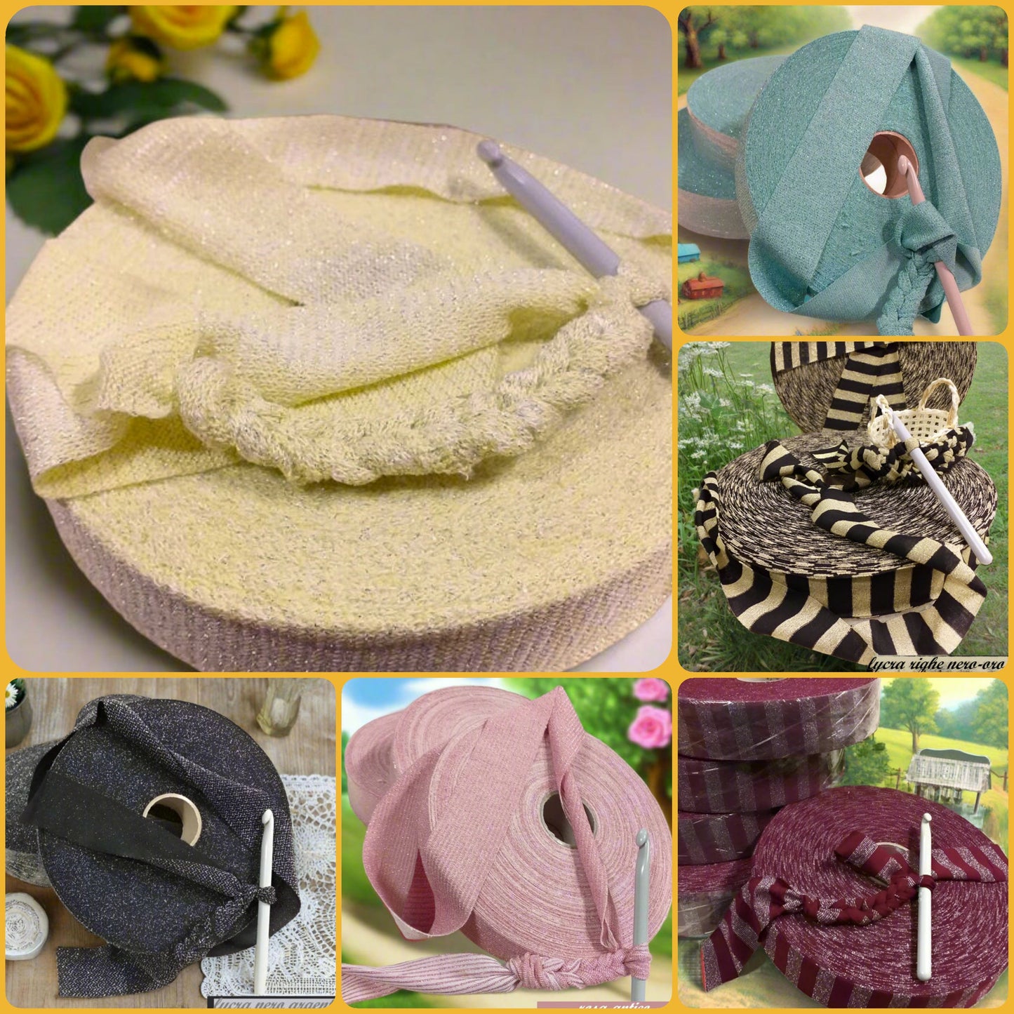 a righe con glitter brillantini lamè fettuccia lurex tulle lycra nero-oro bordò celeste frozen blu tiffani-chiaro rosa-cipria uso borse uncinetto cestini scaldacollo collane sciarpe stole cappelli