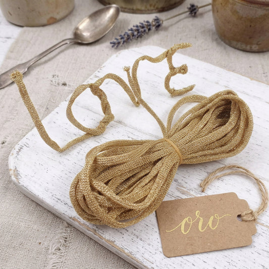 frase love e colore oro tricotin da riempire di filo modellabile filato brillantini glitter corda scritta cordino lurex glitterissimo lamè stafil tubecord cordoncino tubolare pronto per nomi ghirlande fuoriporta centrotavola packaging pacchi confezioni regalo Natale