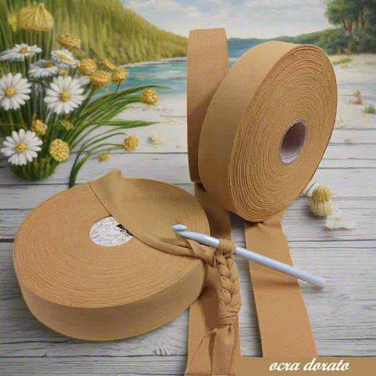 colore beige oro ocra shop offerta vendita fettuccia stafil maglina soft plissè morbida lycra soft-elastica moda autunno 2025 alta pizza larga piatta 4 cm uso borse uncinetto clutch bags crochet amigurumi cestini