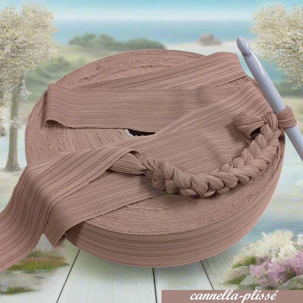 marroncino cannella plissé shop offerta vendita fettuccia stafil maglina lycra soft-elastica colori moda 2025 alta pizza larga piatta 4 cm uso borse uncinetto clutch bags crochet amigurumi cestini mare