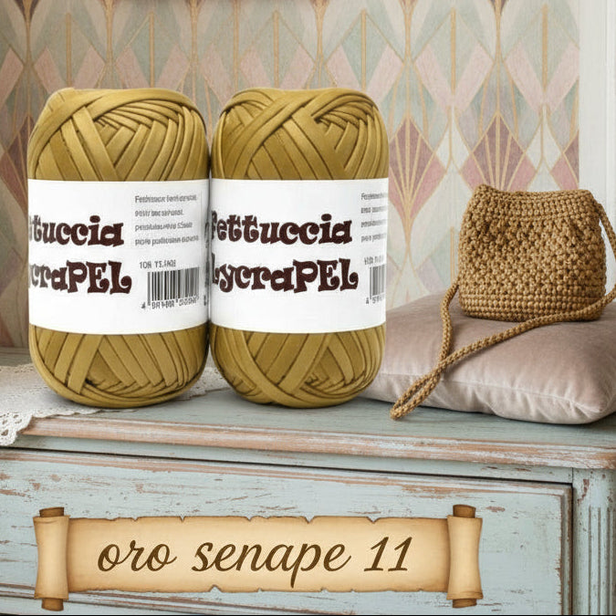 oro senape 11 gomitolo MAS lycraPel fettuccia ecopelle uso cordino per borse uncinetto abbigliamento moda rivestire manici realizzare pochette clutch bags