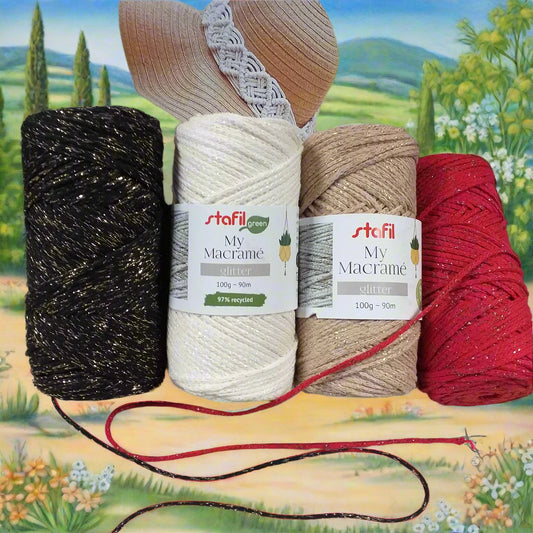 nero bianco cammello rosso corda macramè lurex cordoncino filato cotone uncinetto maglia con filo glitterato uso addobbi decorazioni palline sfere albero Natale fai da te tessitura nodi intrecci costumi borse pochette mare spiaggia canotta top estivo cappello paglia