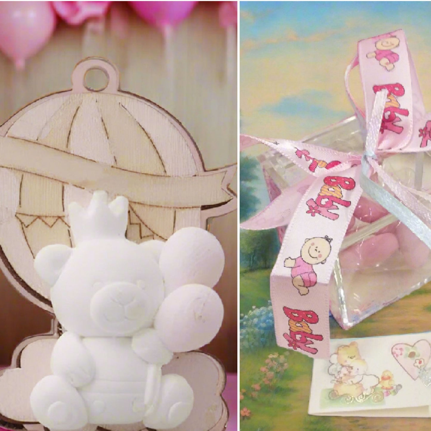 baby bebè rosa bimba femminuccia legnetti applicazioni tema orso magnete calamita mongolfiera palloncini gessetti da confezionare bomboniere nascita Battesimo scatolina confetti bigliettino nastrino neonato