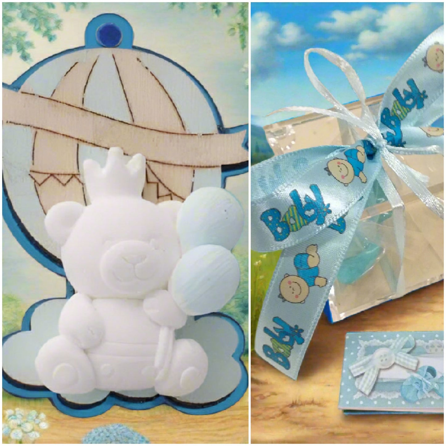 baby boy bebè azzurro blu bimbo maschietto legnetti applicazioni tema orsetto magnete calamita mongolfiera palloncini gessetti da confezionare bomboniere nascita Battesimo scatolina cubetto bigliettino