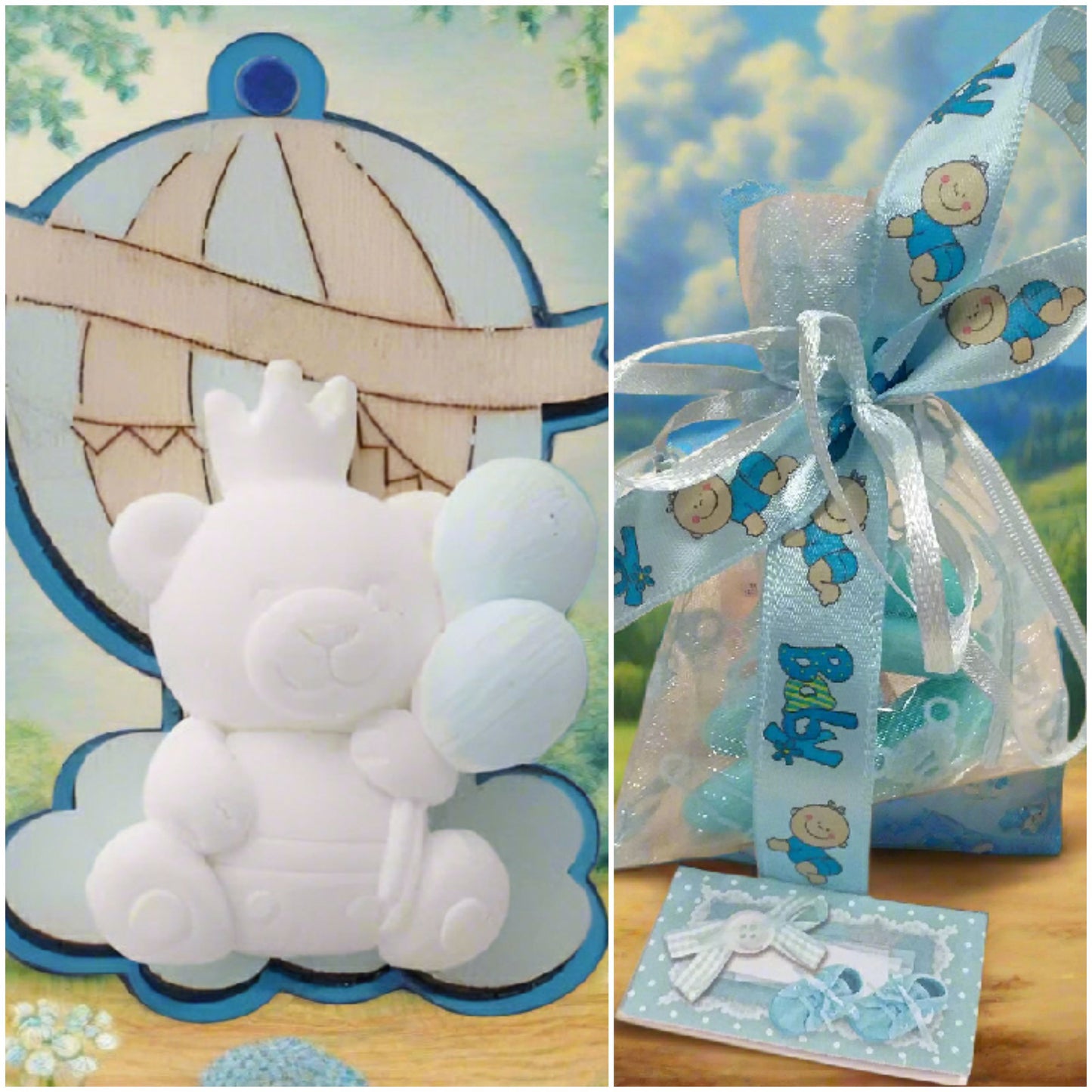 baby bebè azzurro blu bimbo maschietto legnetti applicazioni tema orso magnete calamita mongolfiera palloncini gessetti da confezionare bomboniere nascita Battesimo sacchettino azzurro blu portaconfetti bigliettino scarpine