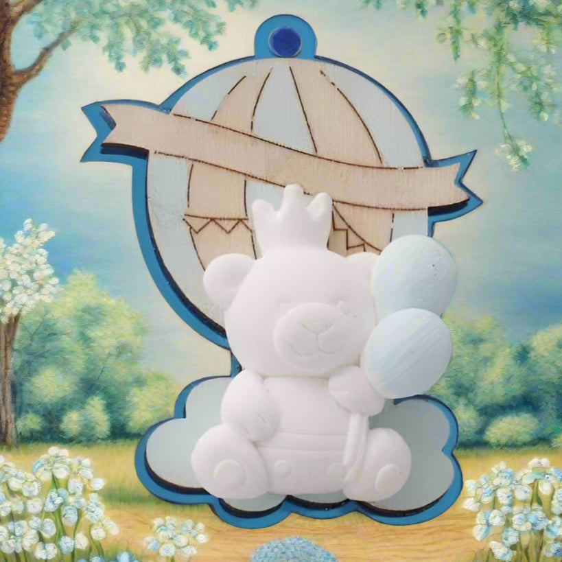 baby bebè azzurro blu bimbo maschietto legnetti applicazioni tema orso magnete calamita mongolfiera palloncini gessetti da confezionare come bomboniere nascita Battesimo