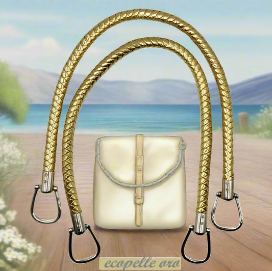 colore oro dorato coppia manici ecopelle intrecciata con attacchi finali per borse artigianali uncinetto pochette di stoffa tessuto ricamato clutch bags estive moda mare shopper di paglia rafia cordino
