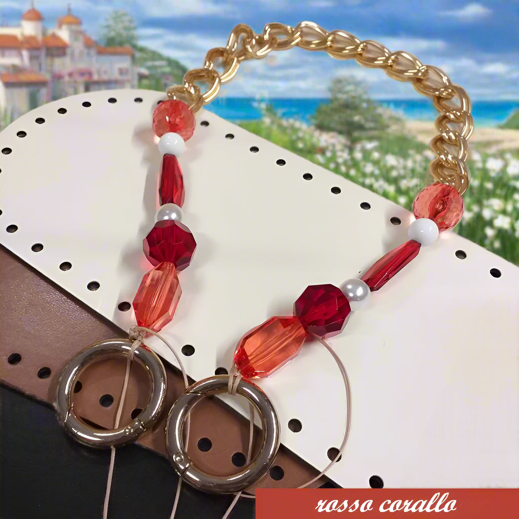 rosso corallo maniglia bijoux manici perle vetro pietre catena metallica colore oro moschettoni anelloni apribili rotondi creare borse artigianali fai da te uncinetto accessori fettuccia corda macramè fondi ecopelle