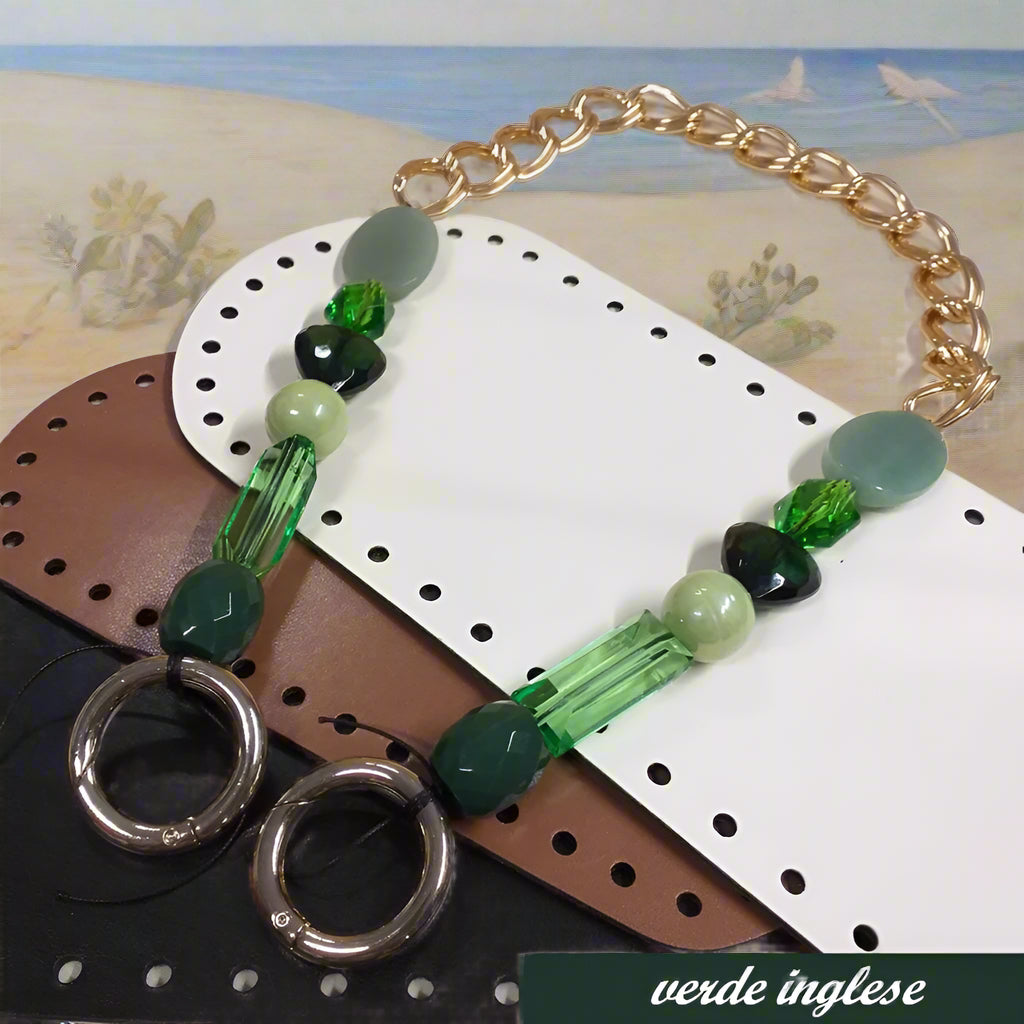 verde inglese maniglia bijoux manici perle vetro pietre catena metallica dorata moschettoni anelloni apribili rotondi creare borse artigianali fai da te uncinetto accessori fettuccia corda macramè fondi ecopelle