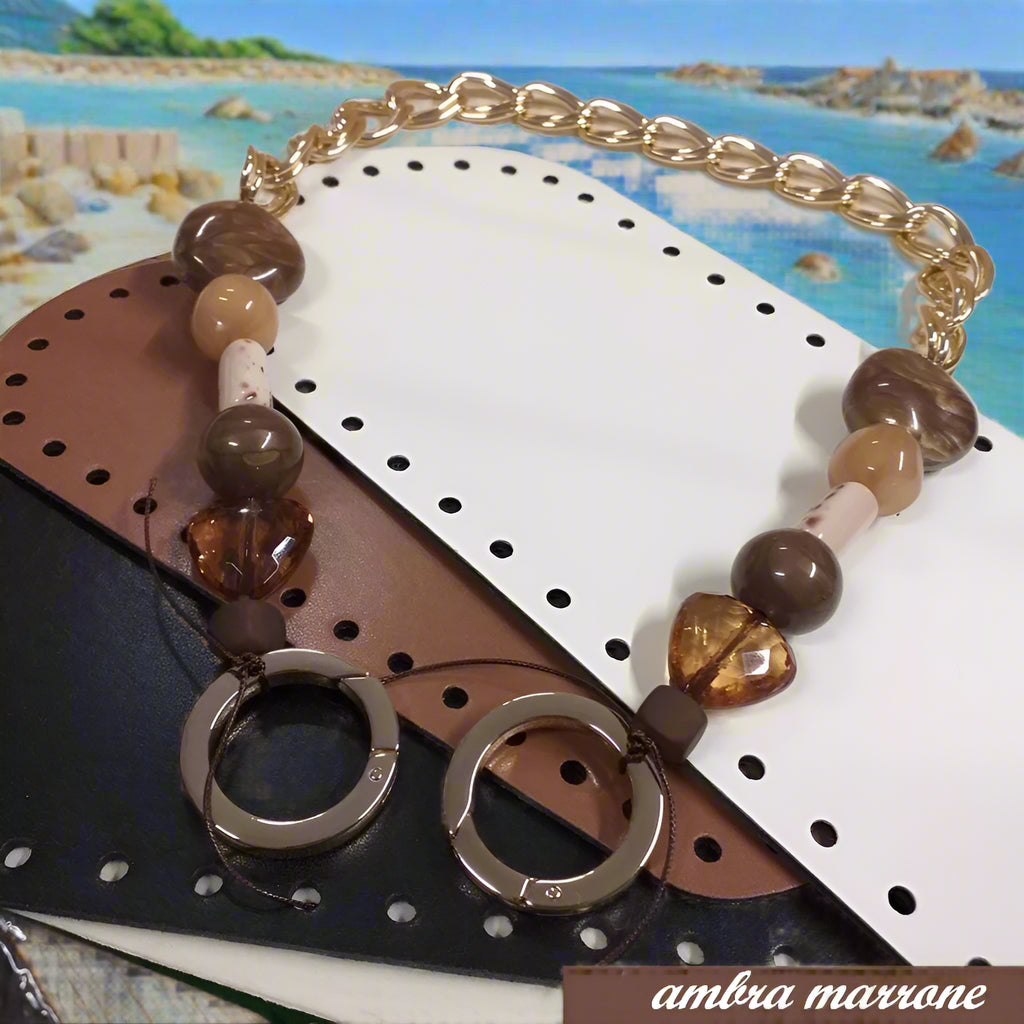 tracolla colore nocciola pietre corno-mogano maniglia bijoux manici perle pietre catena metallica dorata moschettoni anelloni apribili rotondi creare borse artigianali fai da te uncinetto accessori cordino fettuccia corda macramè