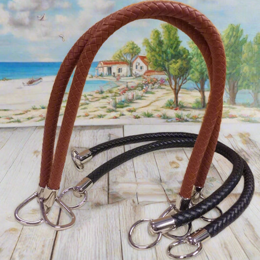 coppia manici ecopelle intrecciata con attacchi finali per borse artigianali uncinetto pochette di stoffa tessuto ricamato clutch bags estive moda mare shopper di paglia rafia cordino