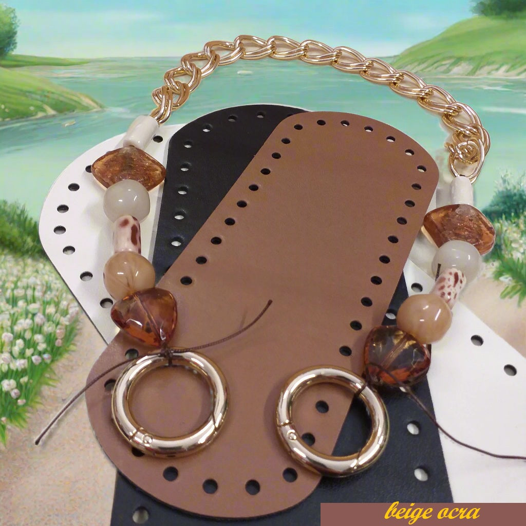 manico tracolla catena oro perle beige ocra vetro resina moschettoni anelli apribili uso borse uncinetto pochette clutch bags da portare sul braccio a spalla