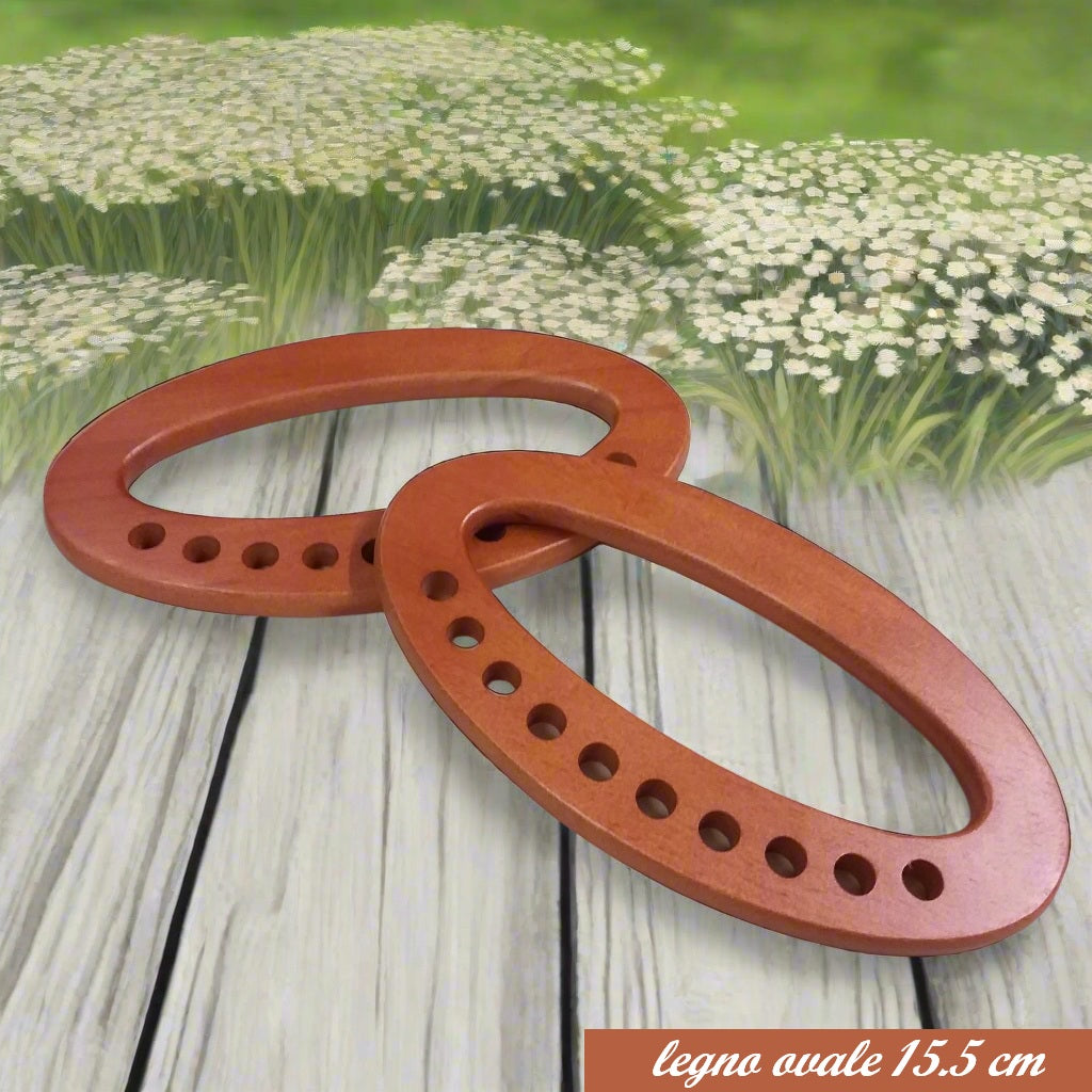 coppia manici legno forma ovali maniglie per borsette accessori fai da te uso chiusure borse uncinetto artigianali fatte a mano con fettuccia cordini thai cordoncini macramè rafia tessuto feltro velluto
