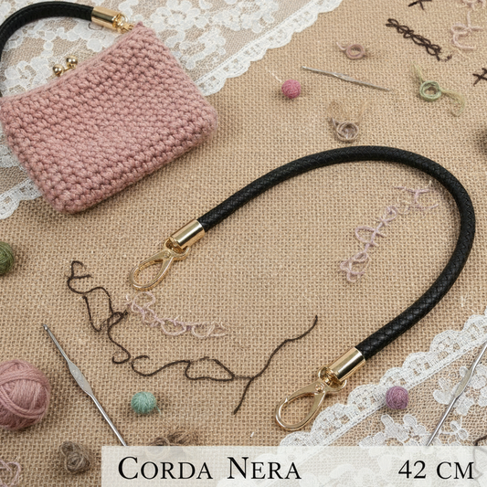 42 cm colore nero manico ecopelle corda intrecciata con attacchi finali moschettoni per borse artigianali uncinetto pochette di stoffa tessuto ricamato clutch bags estive moda mare shopper di paglia rafia cordino