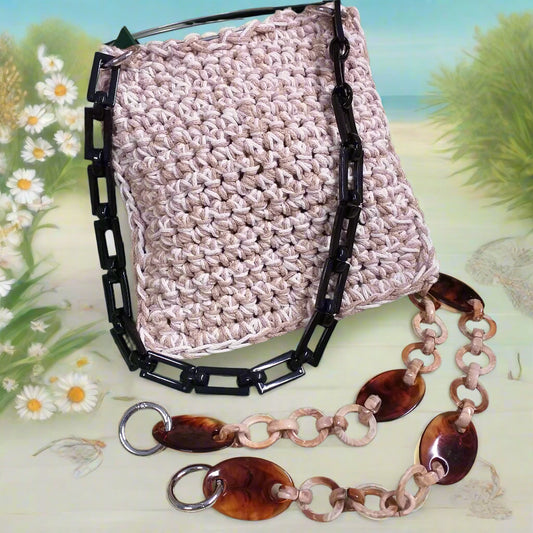 colore nero marrone beige manico particolare di resina acrilica plastica catena decorativa per borsa a spalla uncinetto artigianale fatta a mano di fettuccia corda particolare con moschettoni anelli ganci finali