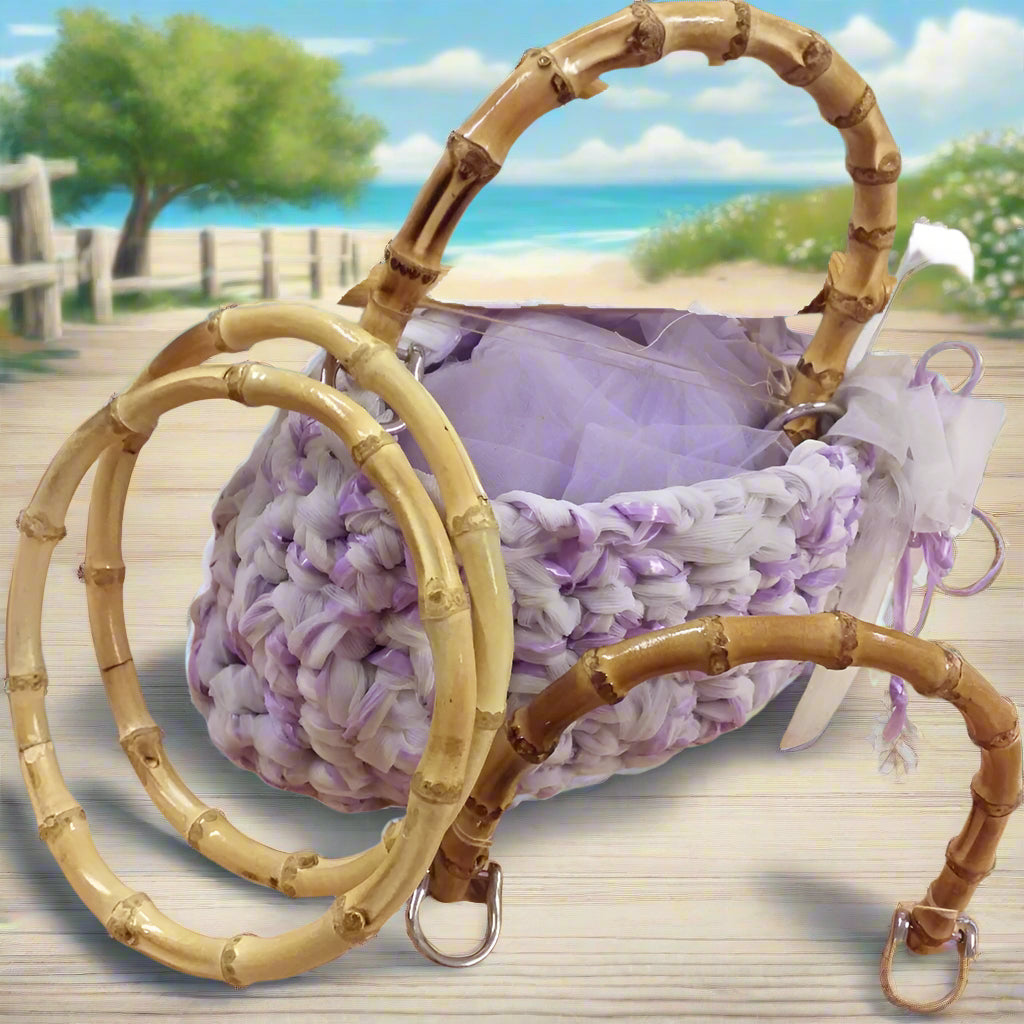 cerchio tondo arco mezzaluna manici bamboo per borse uncinetto rattan giunco chiaro verniciato naturale uso borsette mare estive creazioni fettuccia corda rafia cordino macramè thai