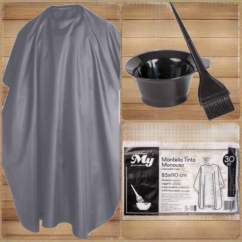 kit fai da te taglio tintura capelli in casa uso professionale parrucchiere mantella grigia ciotola pennello lotto 30 mantelline monouso per tinta colorazione meches colpi di luce